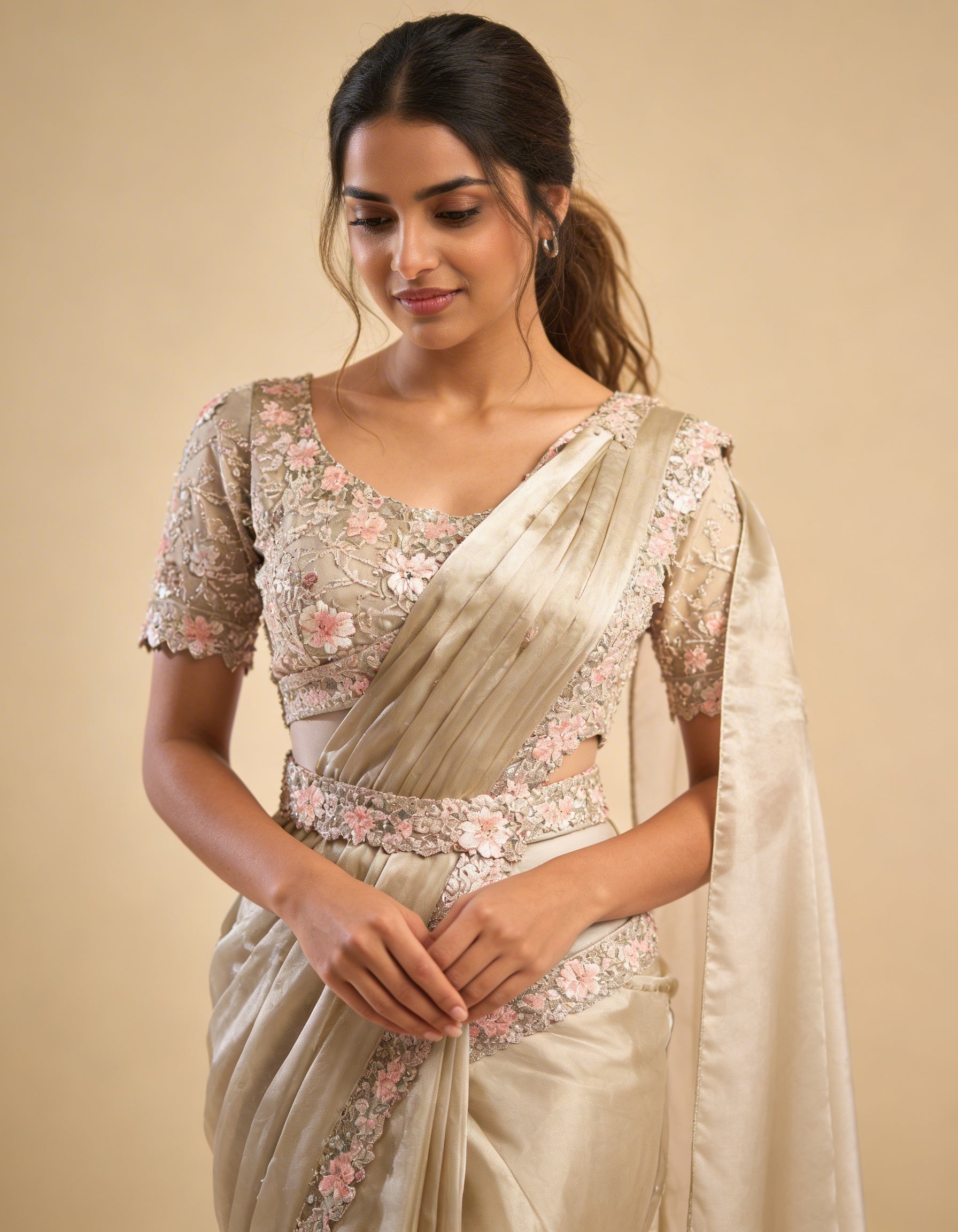 Majree Champagne Armani Satin Silk Rainbow Stone Saree