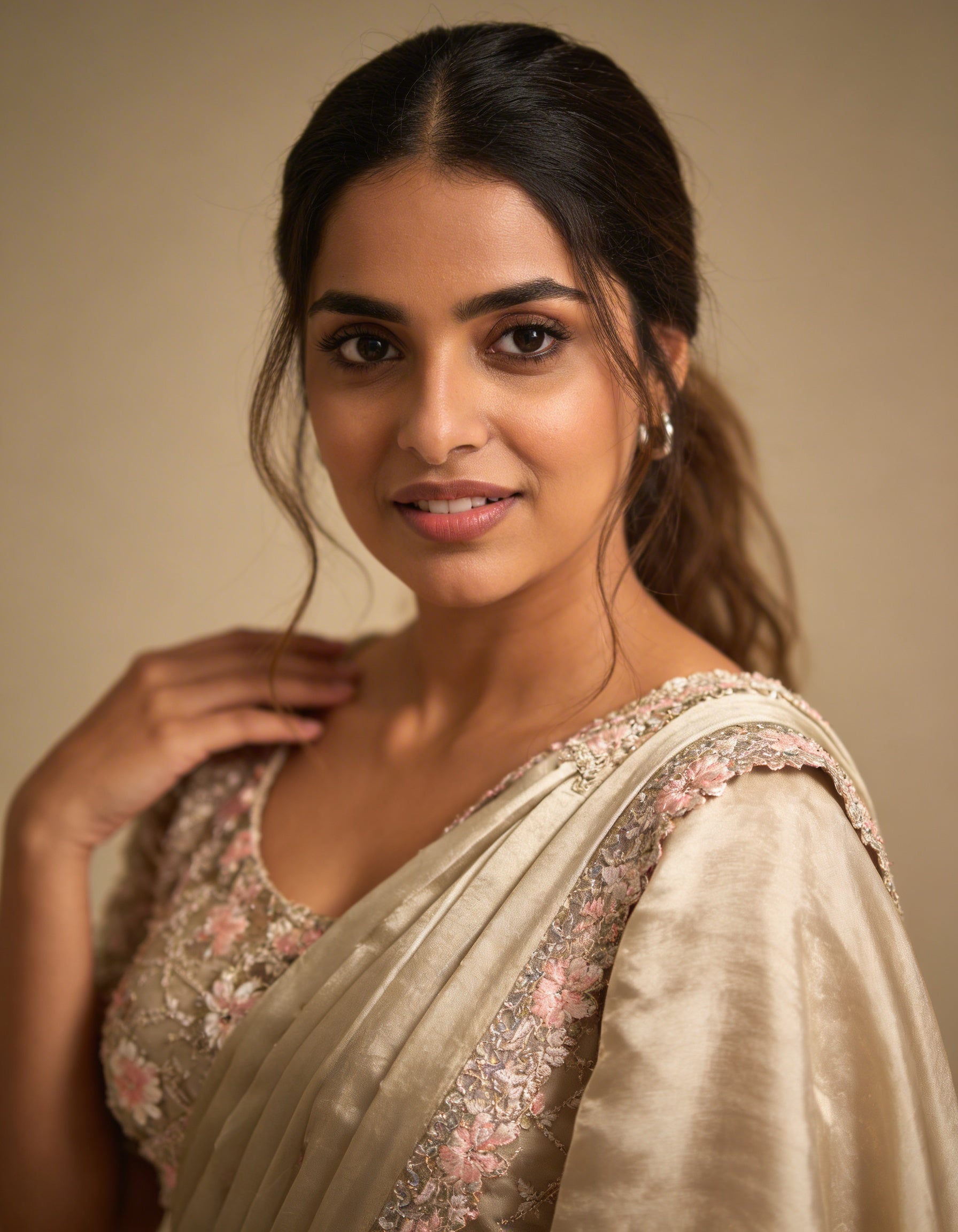 Majree Champagne Armani Satin Silk Rainbow Stone Saree