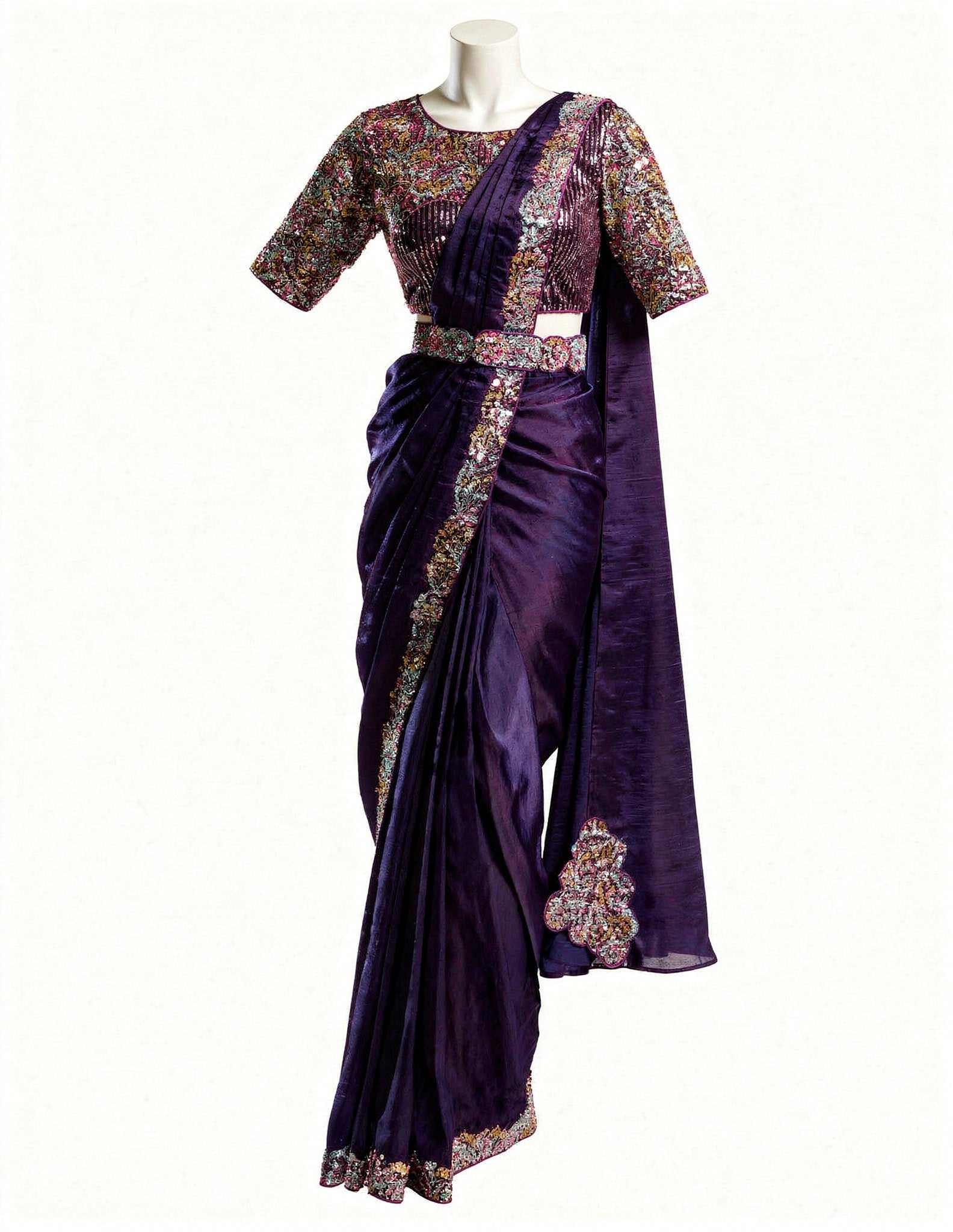 Majree Royal Purple Beaded Lustrous Satin Saree