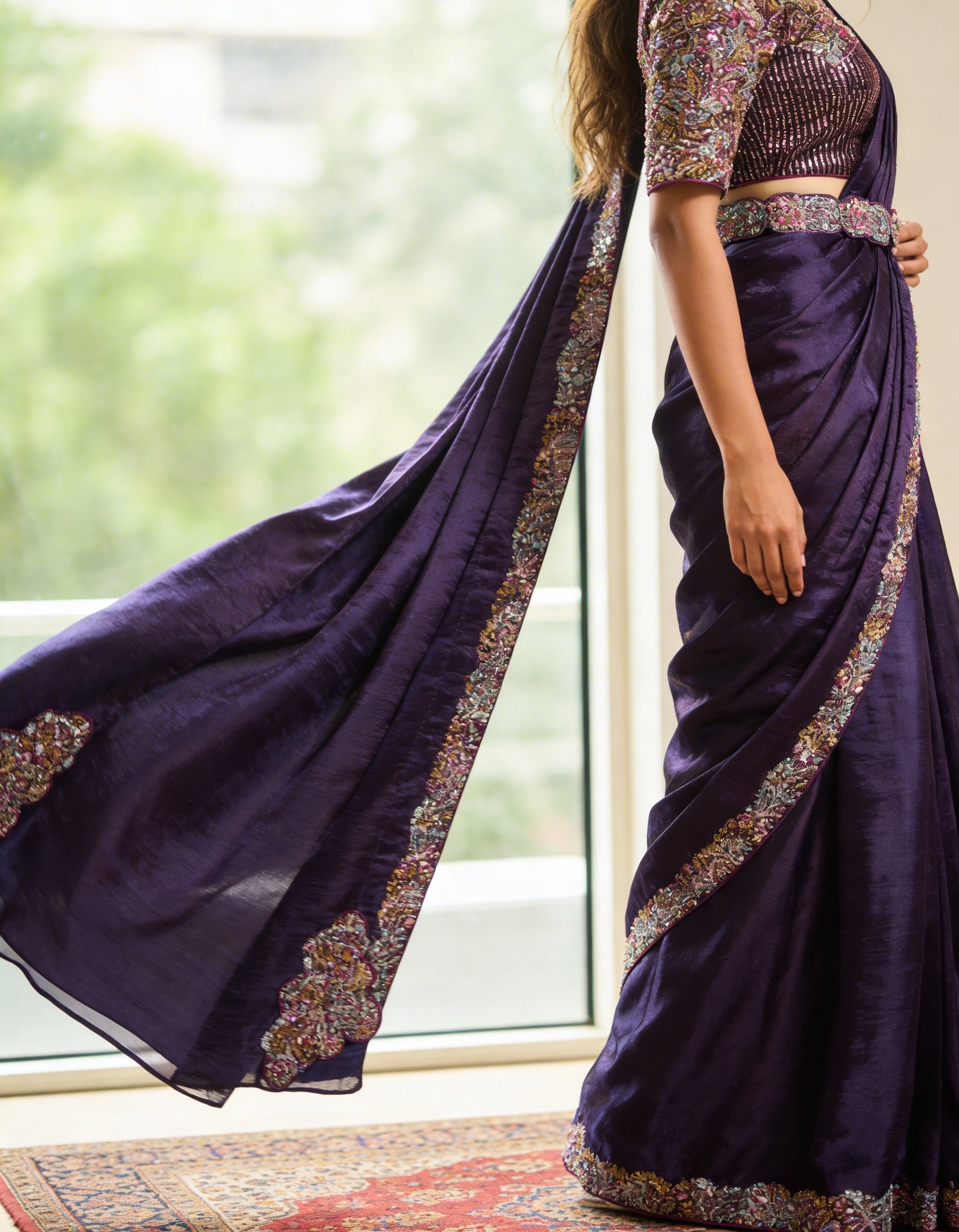 Majree Royal Purple Beaded Lustrous Satin Saree