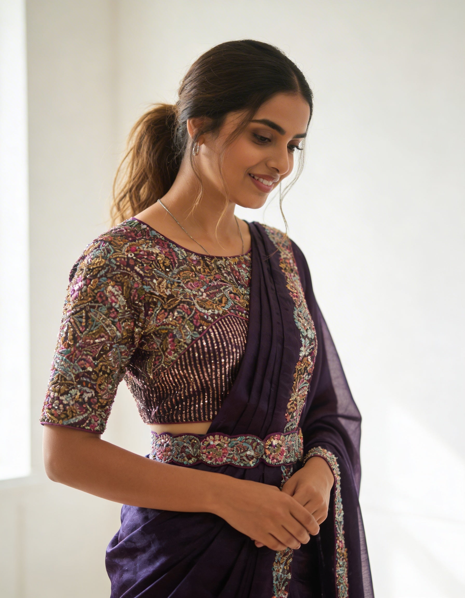 Majree Royal Purple Beaded Lustrous Satin Saree