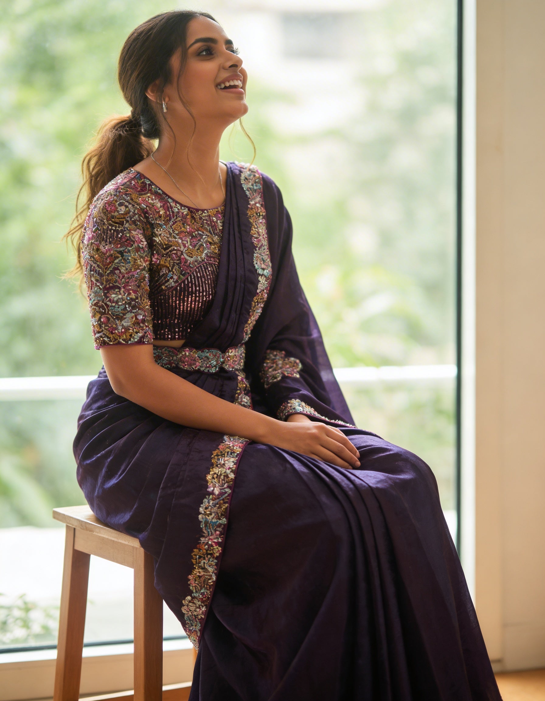 Majree Royal Purple Beaded Lustrous Satin Saree