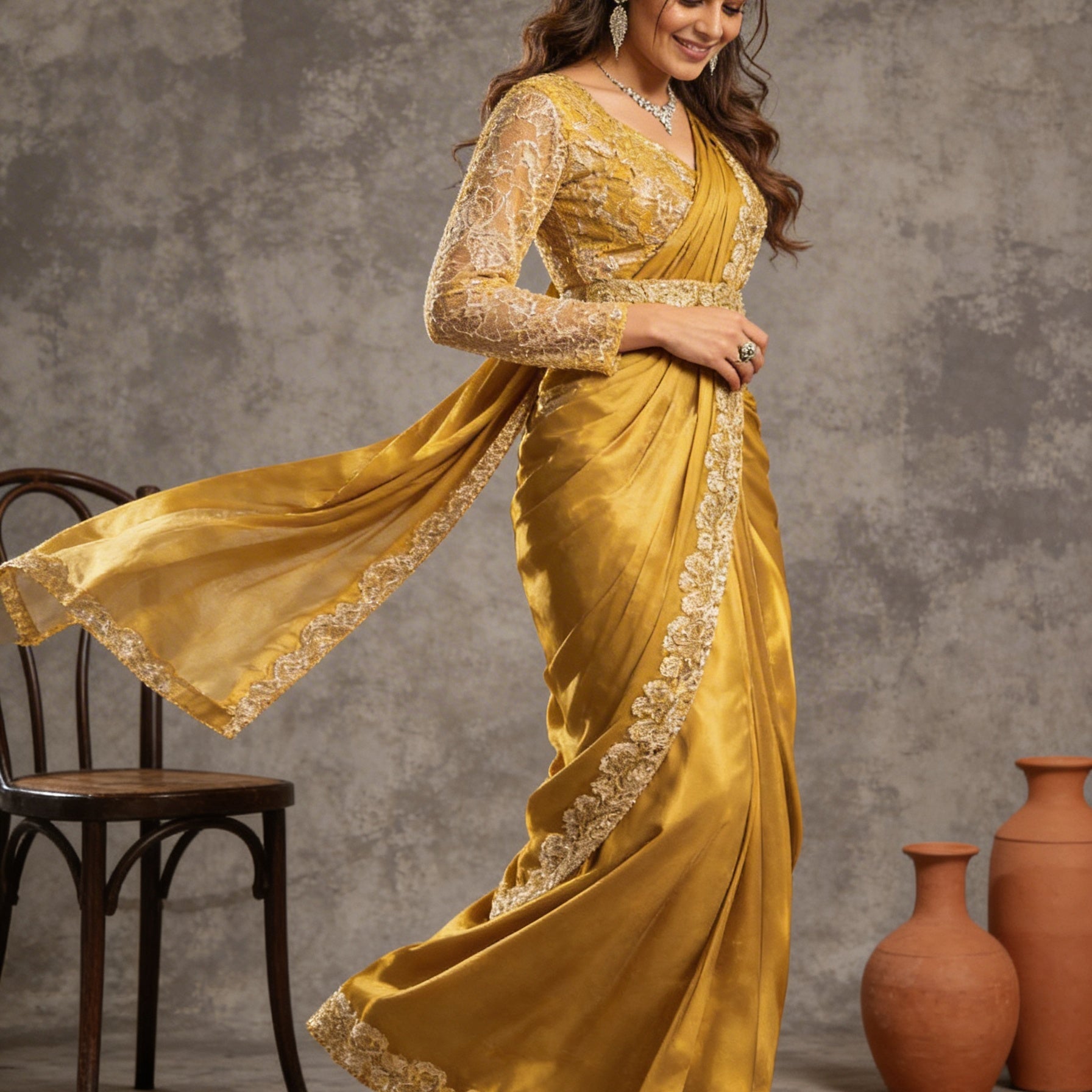 Majree Mustard Yellow Silver Sequin One Minute Saree