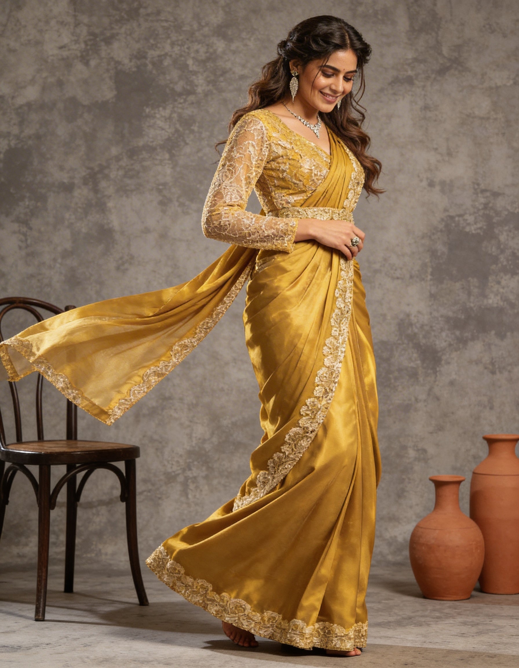 Majree Mustard Yellow Silver Sequin One Minute Saree
