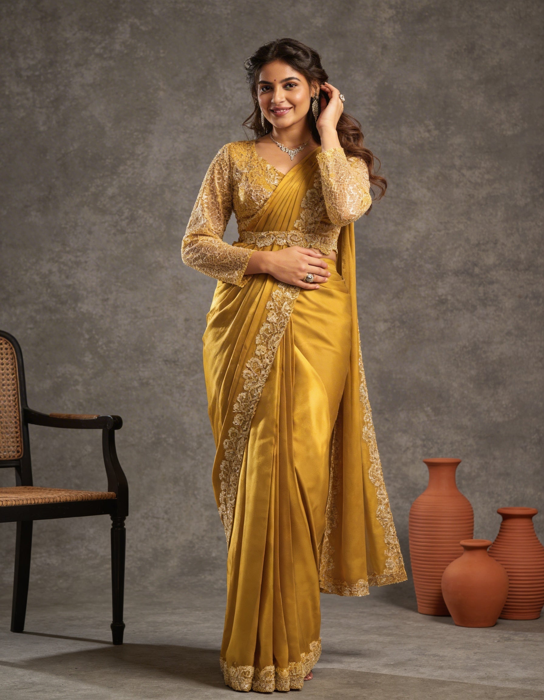 Majree Mustard Yellow Silver Sequin One Minute Saree