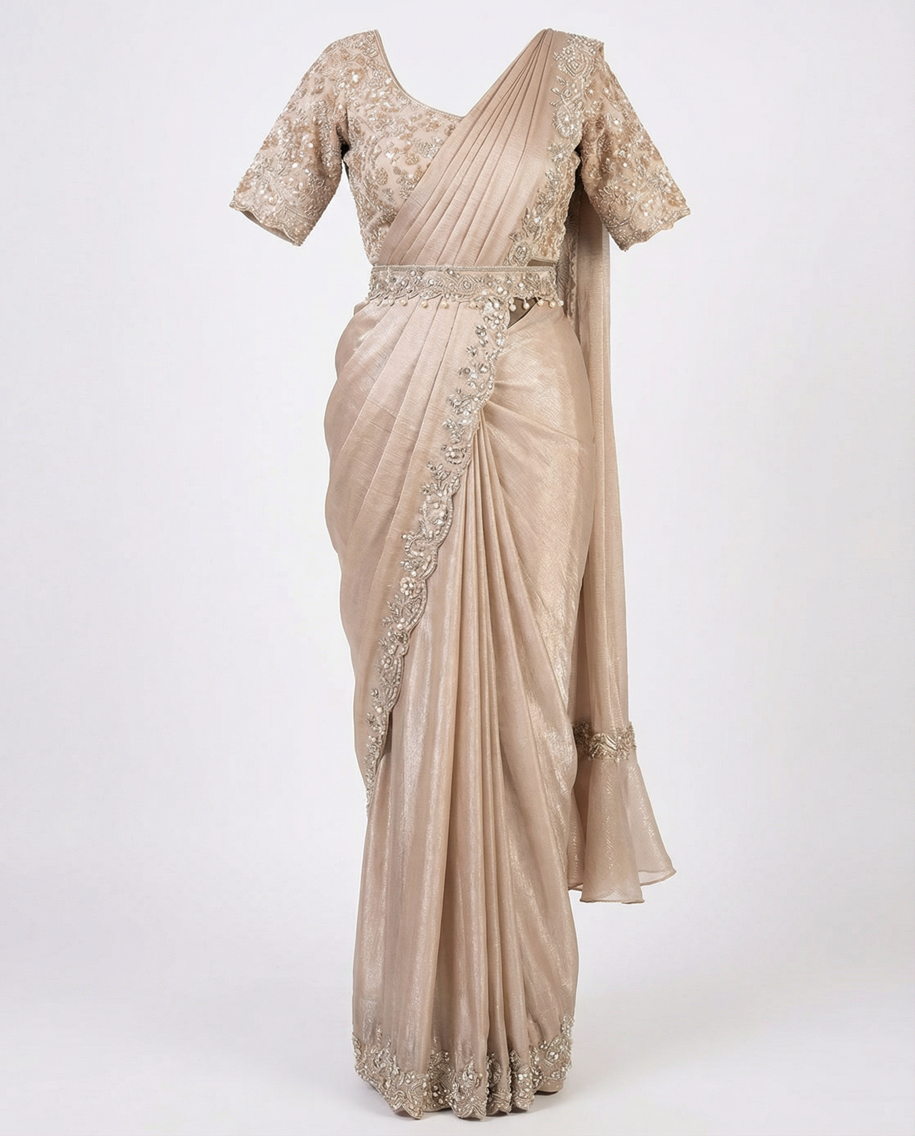 Majree Champagne Gold Sequin Embroidered One Minute Saree