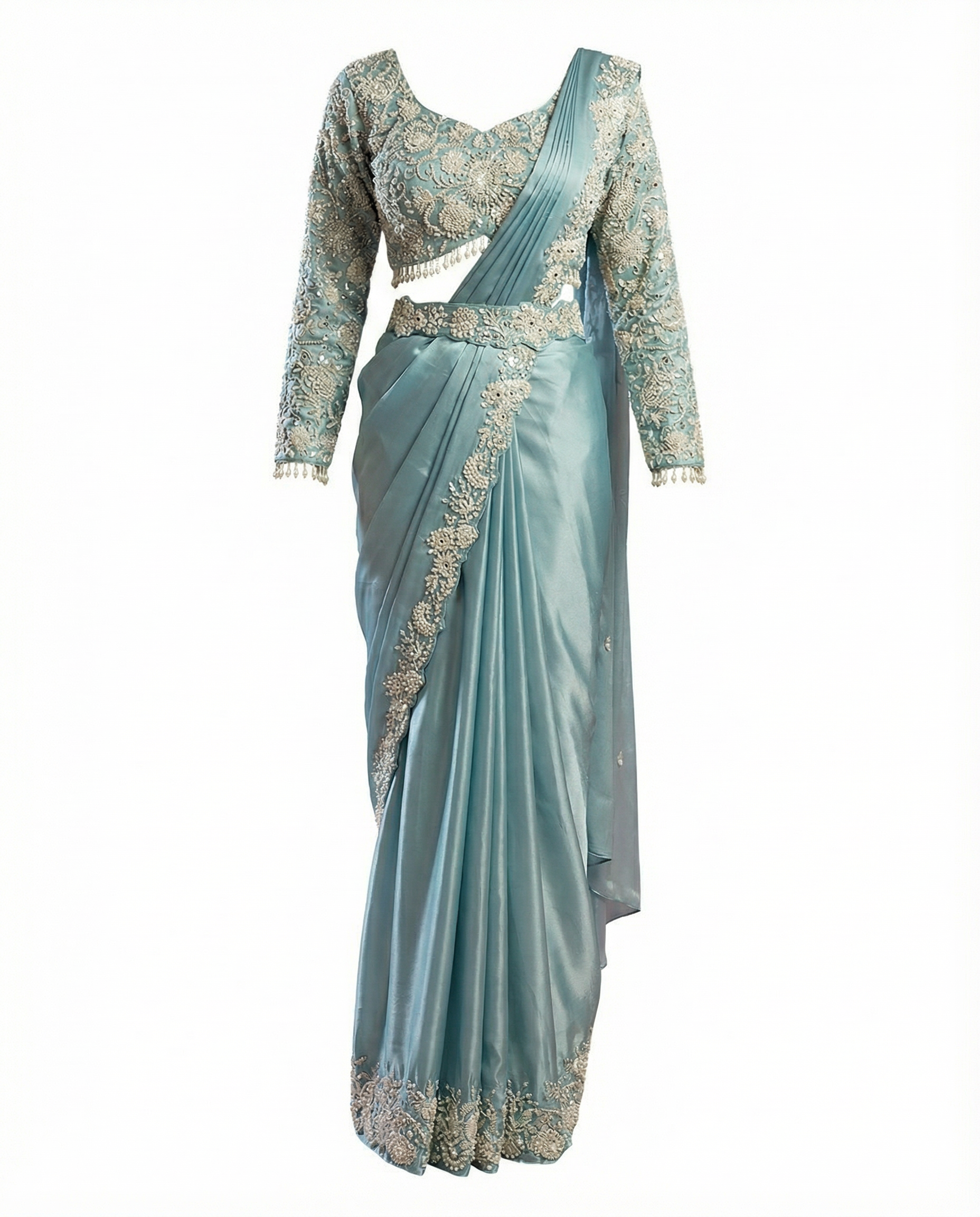 Majree Powder Blue Pearl & Mirror Embroidered One Minute Saree