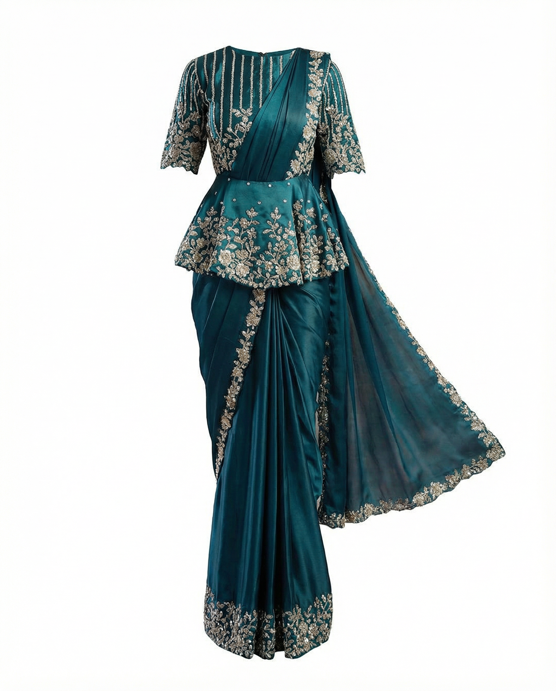Majree Teal Lustrous Satin Peplum One Minute Saree