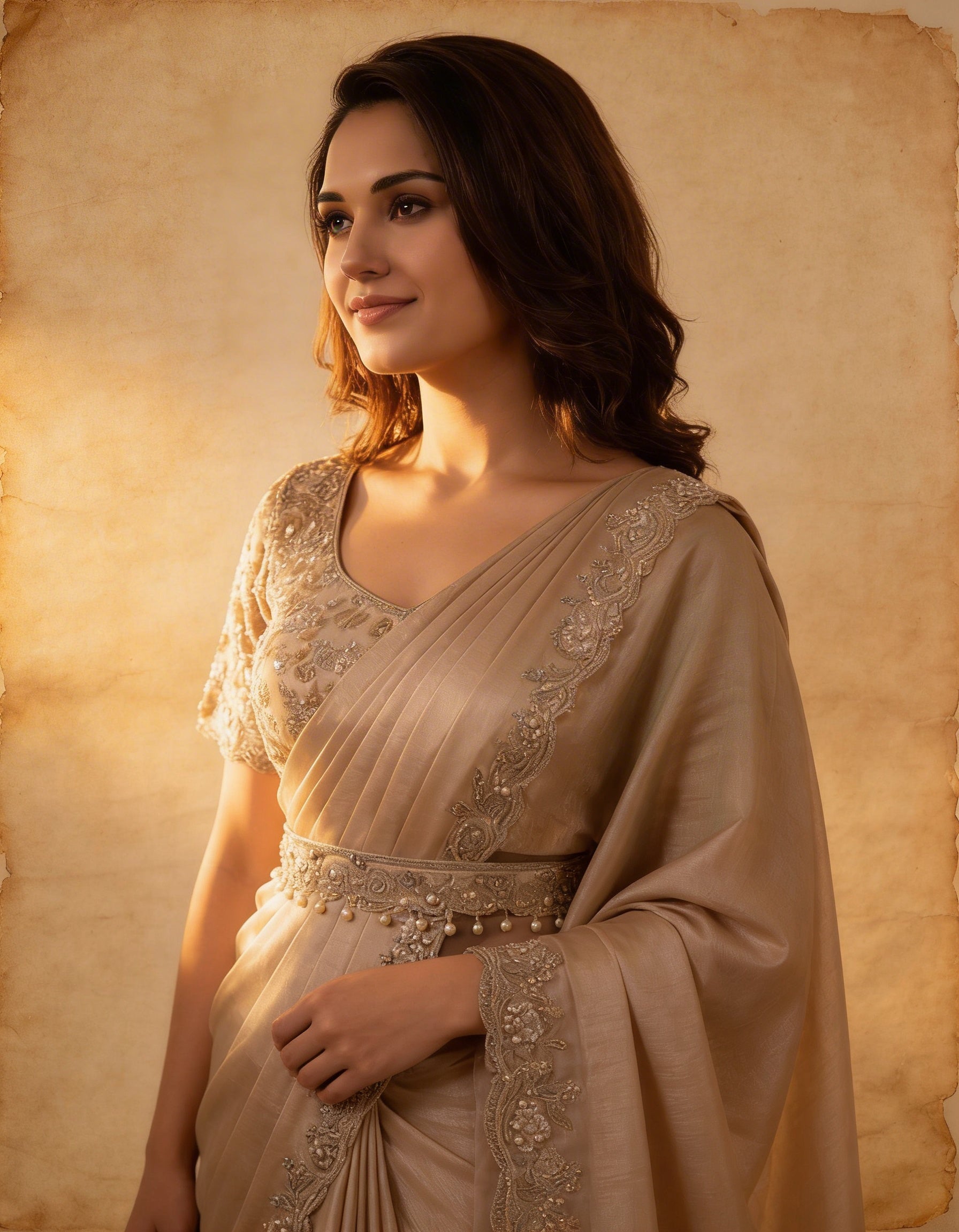 Majree Champagne Gold Sequin Embroidered One Minute Saree