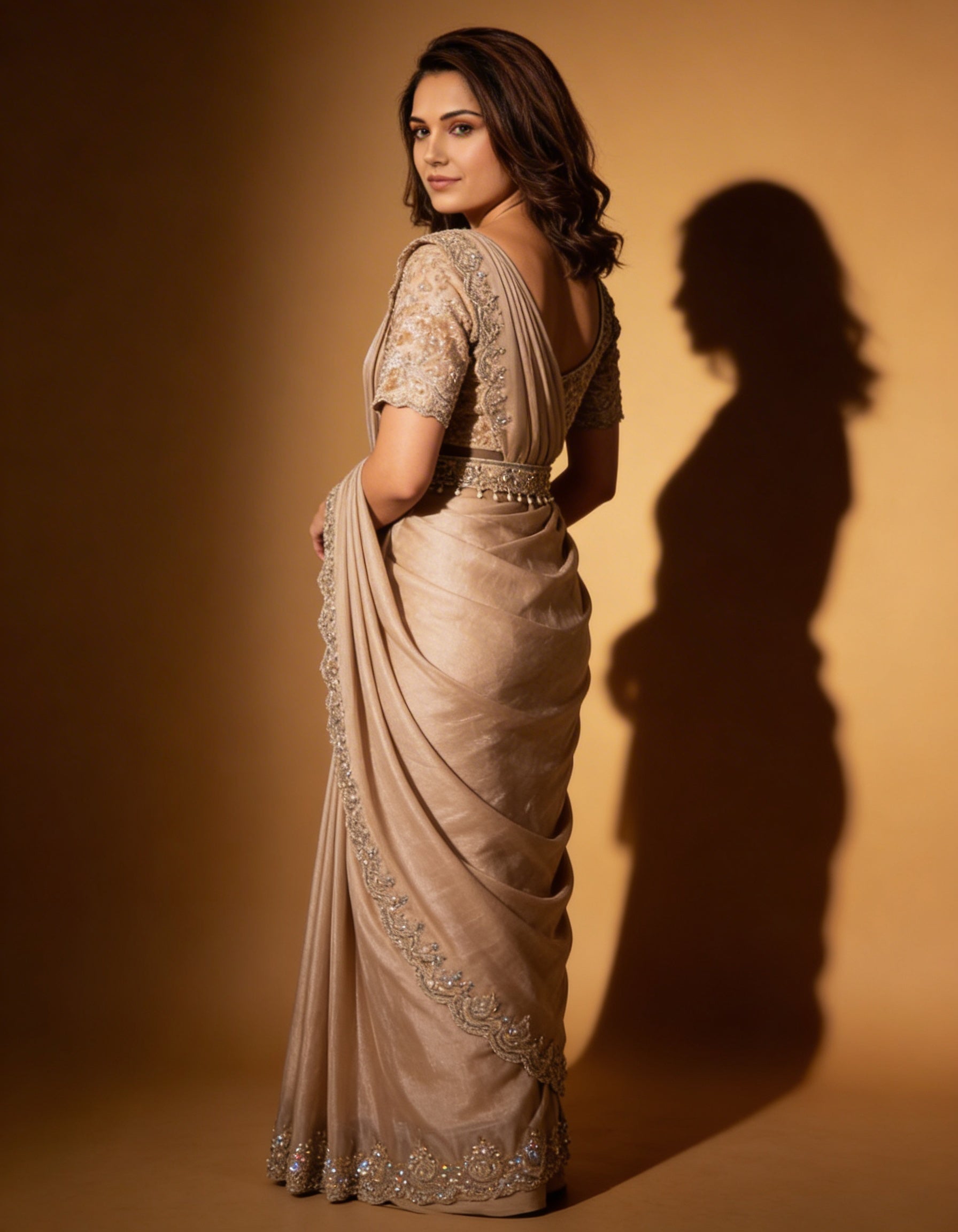 Majree Champagne Gold Sequin Embroidered One Minute Saree