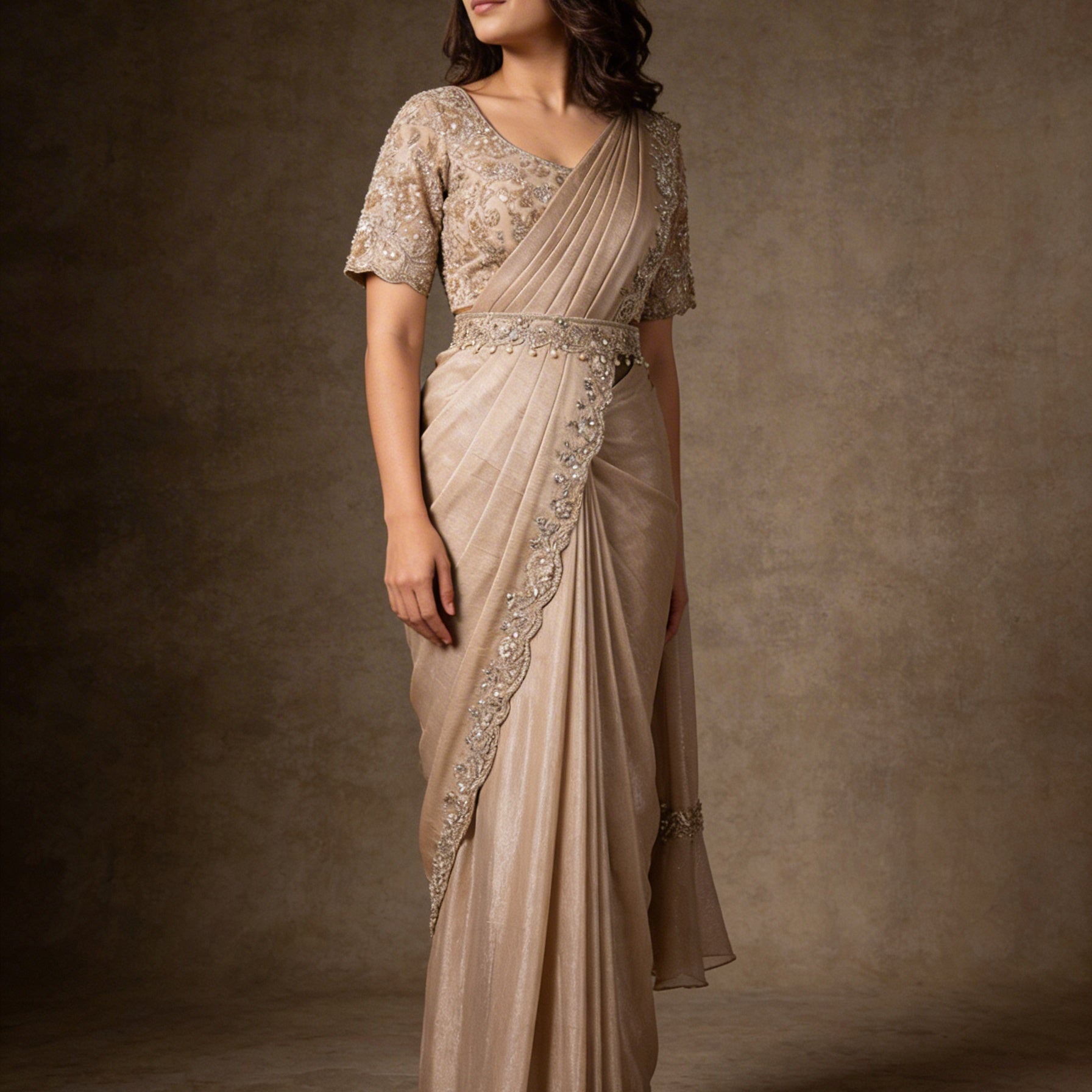 Majree Champagne Gold Sequin Embroidered One Minute Saree