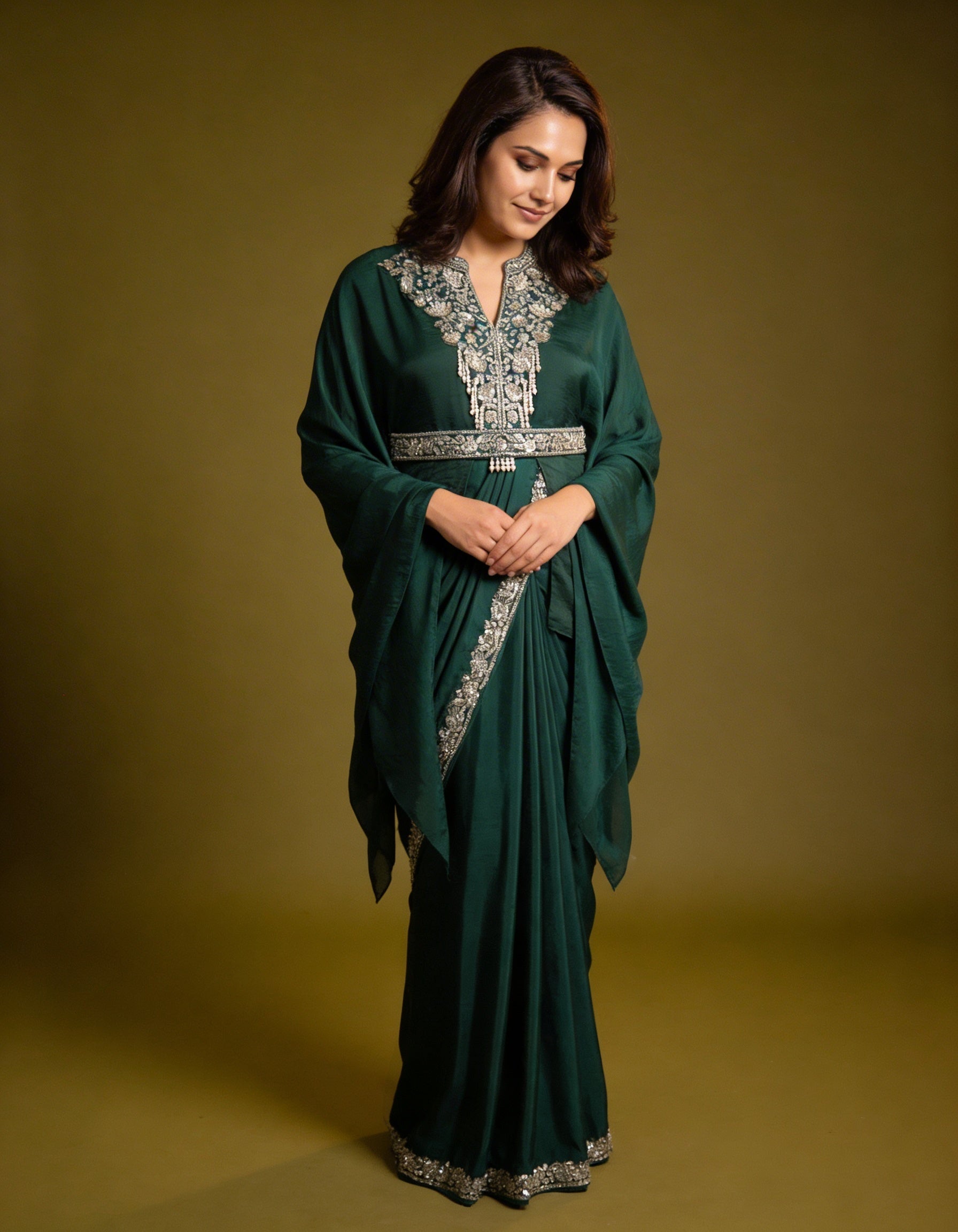 Majree Emerald Green Poncho Style One Minute Saree
