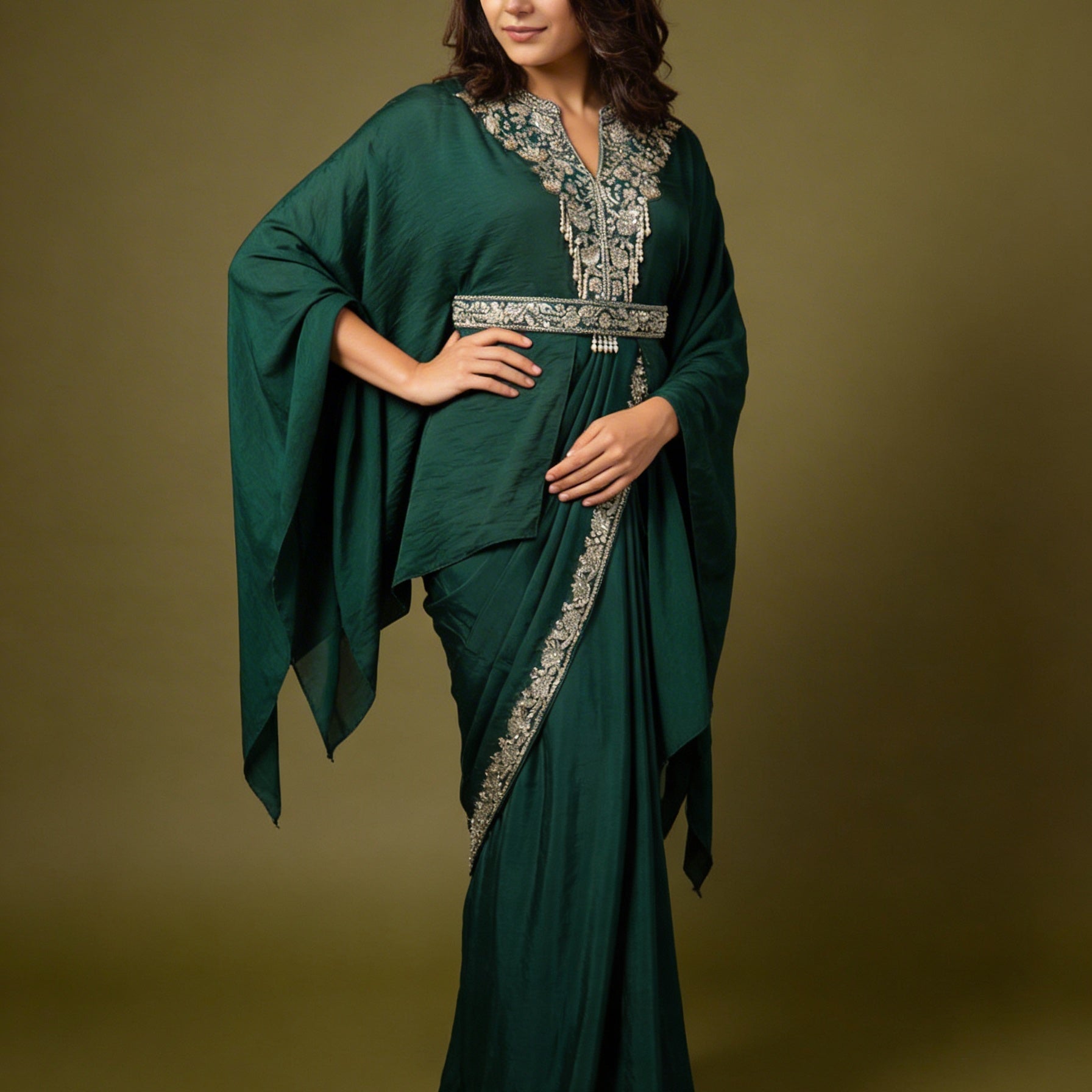 Majree Emerald Green Poncho Style One Minute Saree
