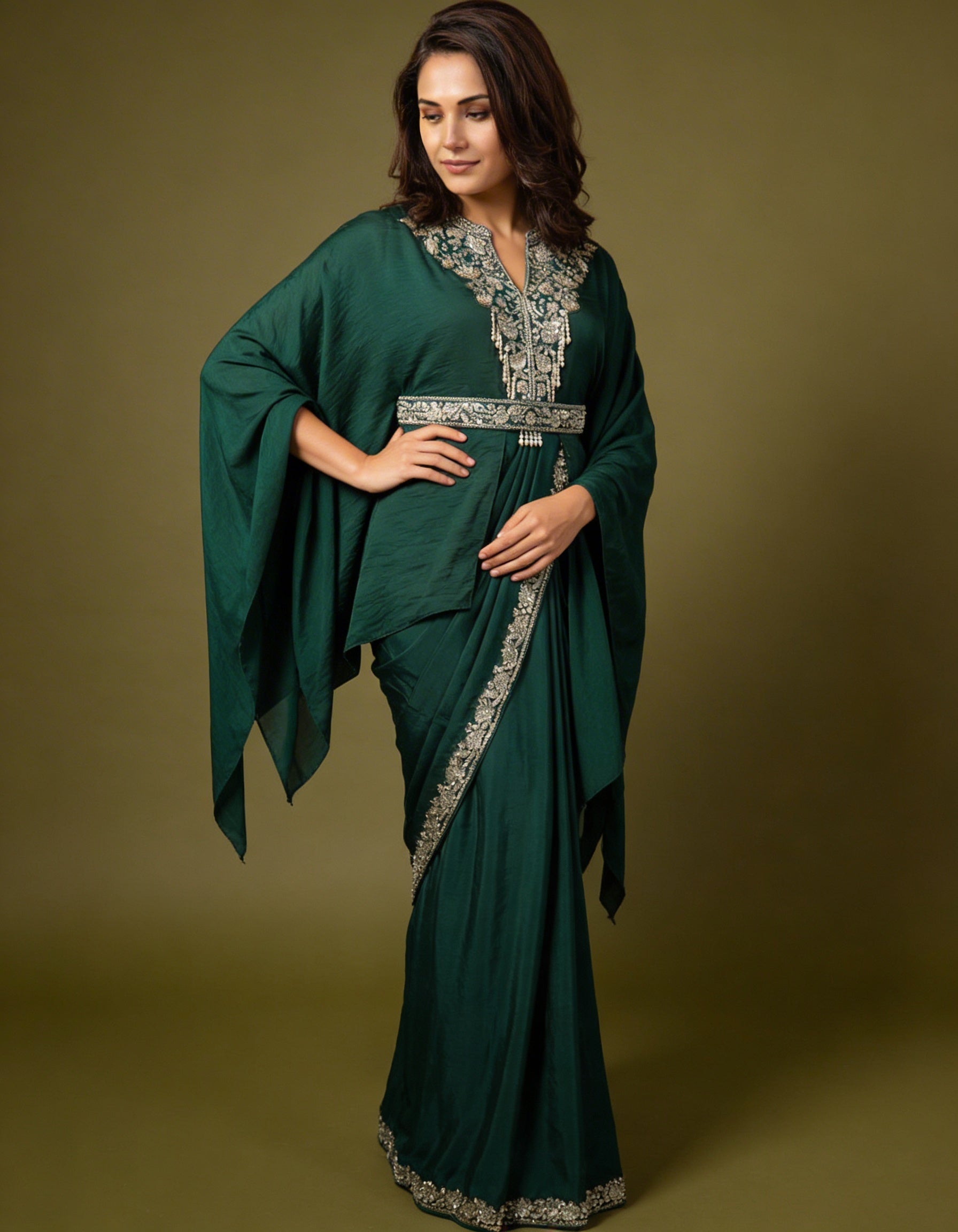 Majree Emerald Green Poncho Style One Minute Saree