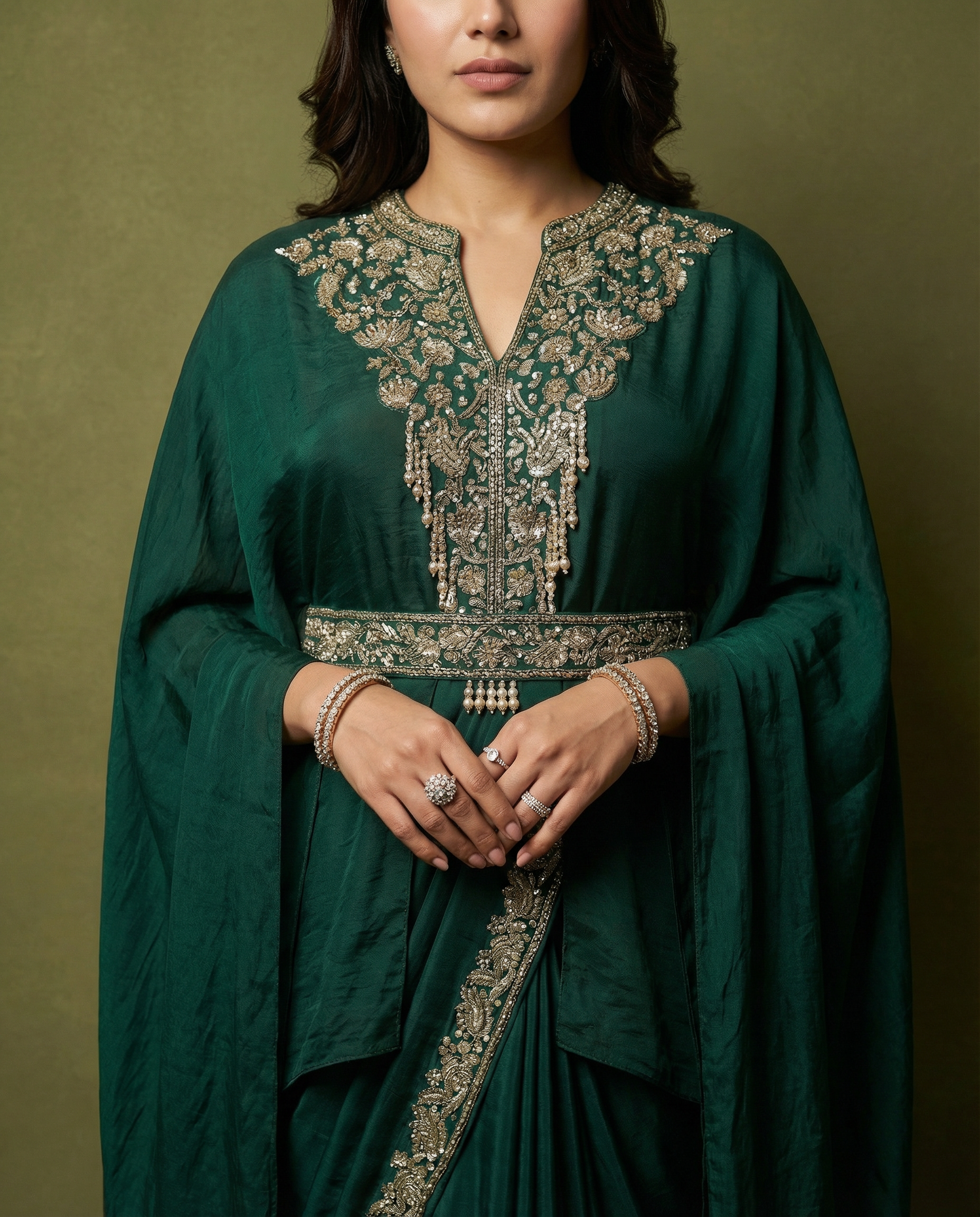 Majree Emerald Green Poncho Style One Minute Saree
