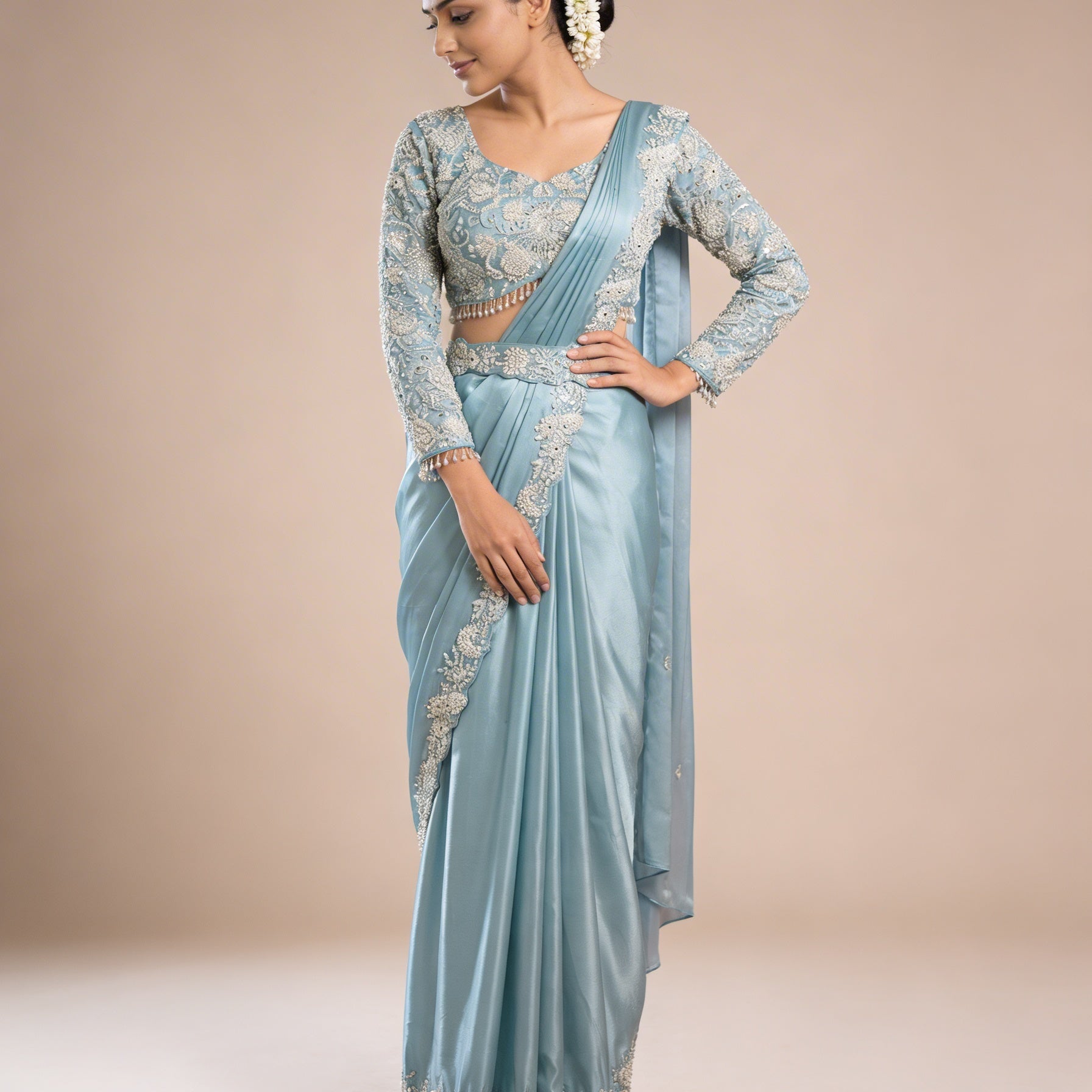 Majree Powder Blue Pearl & Mirror Embroidered One Minute Saree