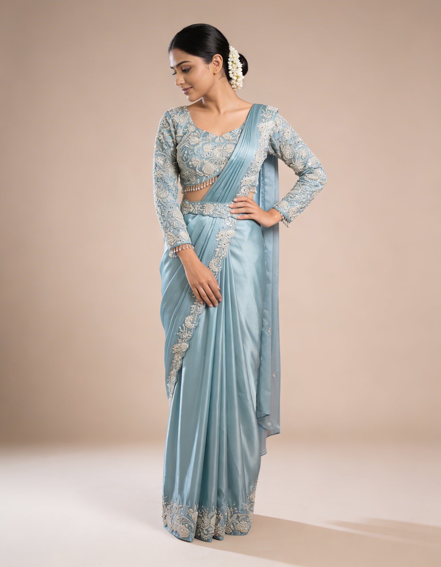 Majree Powder Blue Pearl & Mirror Embroidered One Minute Saree