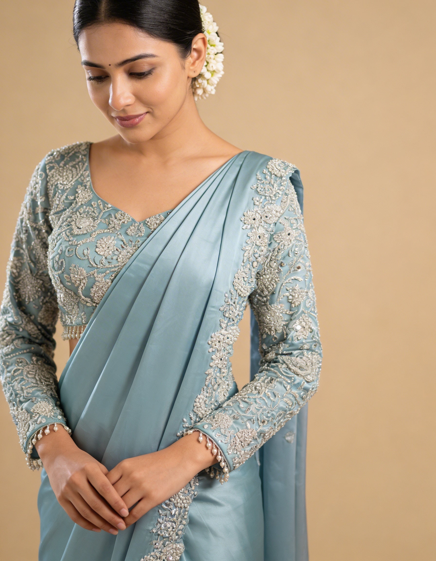 Majree Powder Blue Pearl & Mirror Embroidered One Minute Saree