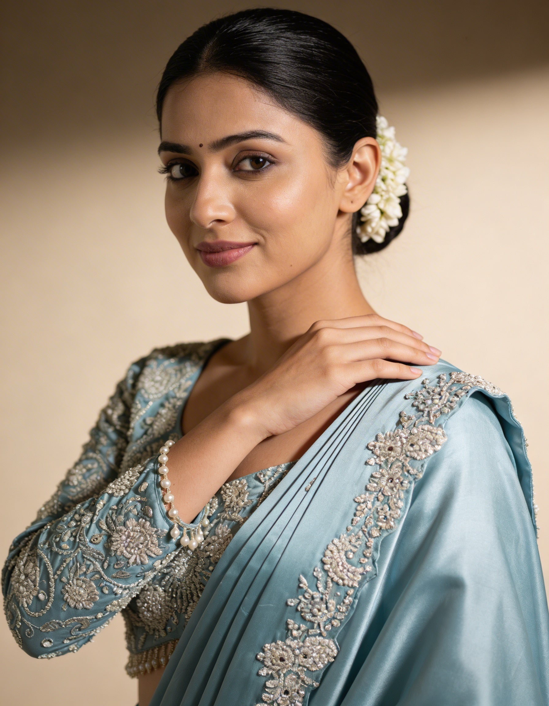 Majree Powder Blue Pearl & Mirror Embroidered One Minute Saree