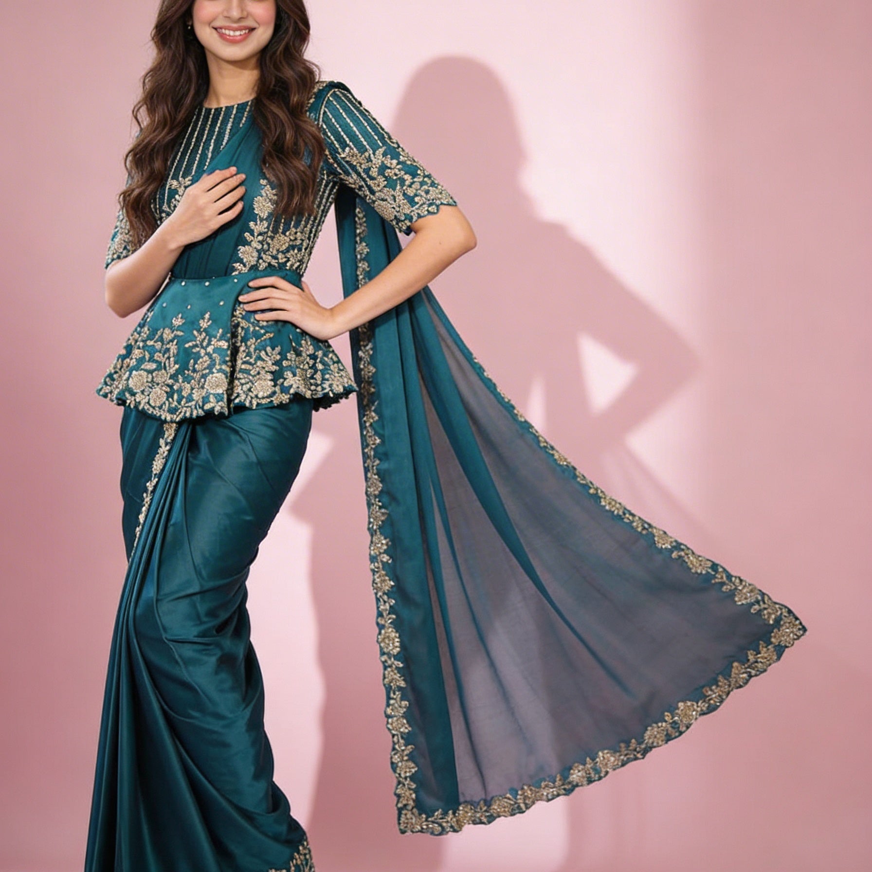Majree Teal Lustrous Satin Peplum One Minute Saree