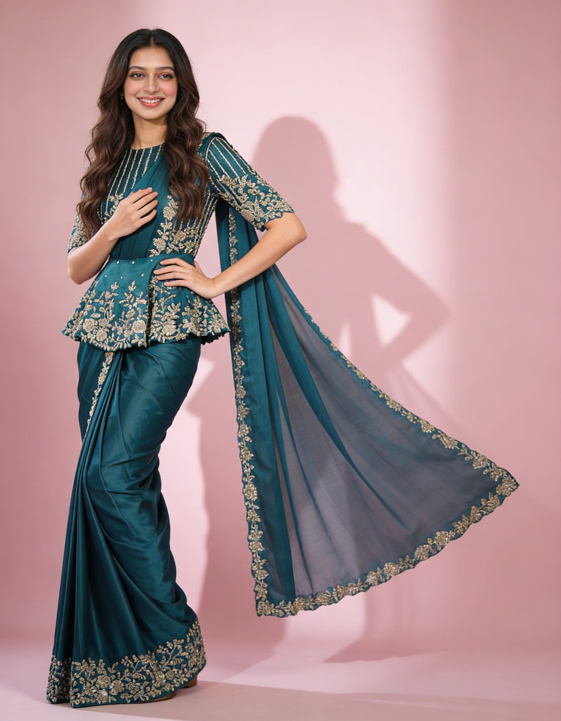 Majree Teal Lustrous Satin Peplum One Minute Saree